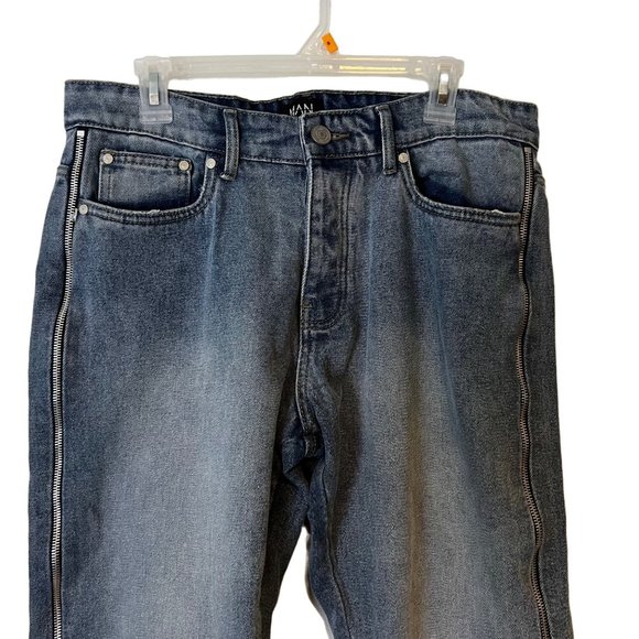 BoohooMAN Blue Jeans Straight Full Zip Up Leg Moto Relaxed Mens Size 34 - Picture 2 of 12